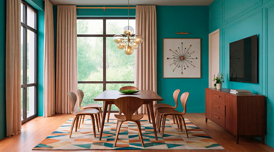 Room digitally staged with teal-toned furniture, after virtual staging